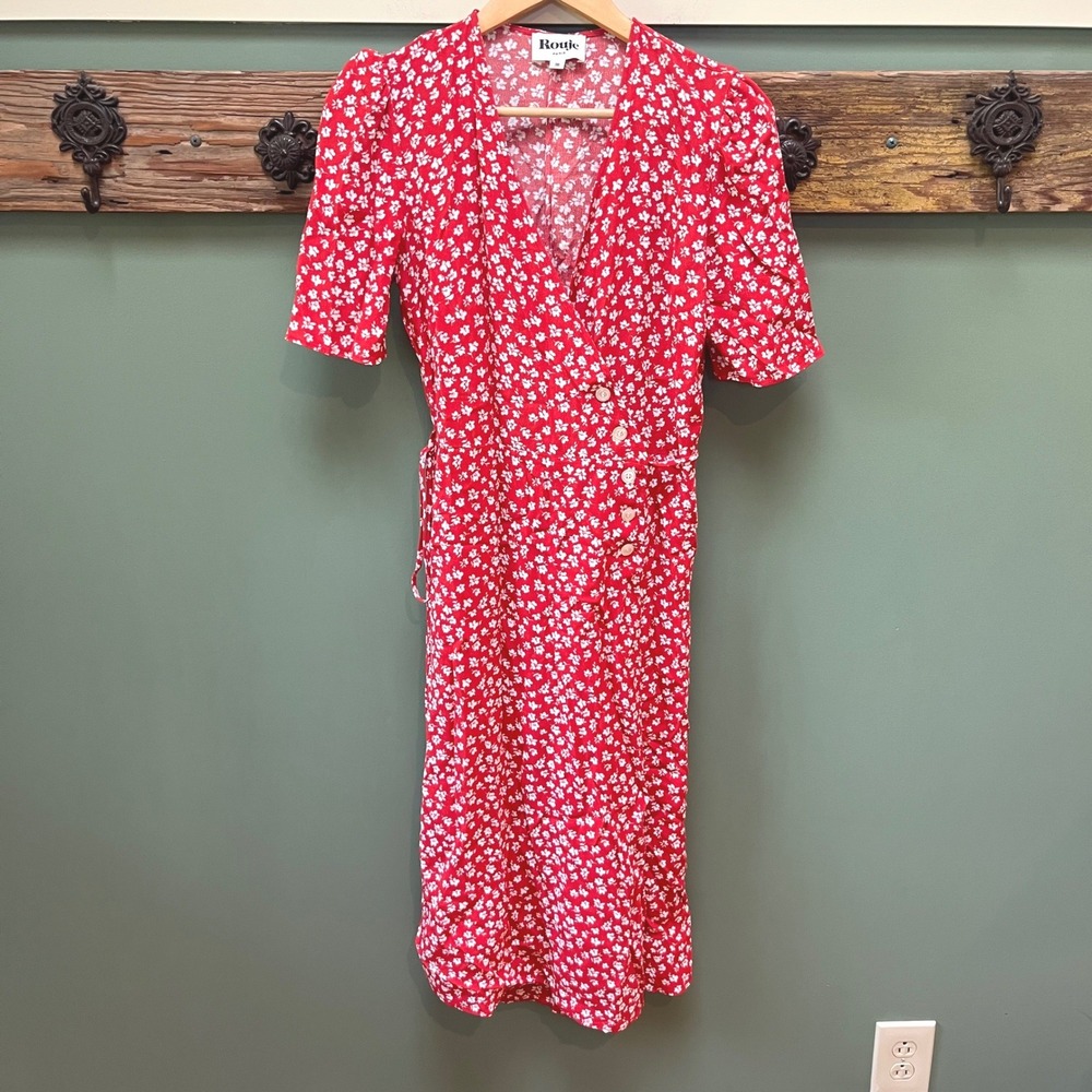 Rouje Paris Gabin Red Floral Wrap Midi Dress Short Puff Sleeve Size 36